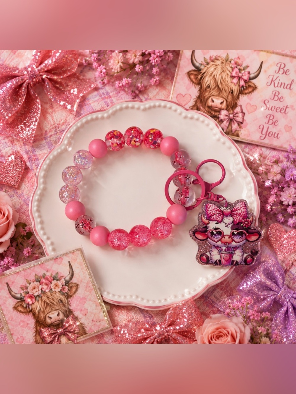 Hand Crafted Pink Beaded Wristlet Keychain w/Highland Cow